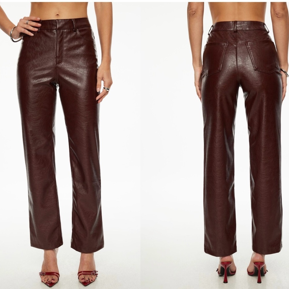 Dynamite Justina straight crinkled faux leather pants in burgundy (dark Ruby) 6